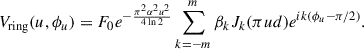 Mathematical equation: $$ \begin{aligned} V_\mathrm{ring} (u,\phi _u) = F_0e^{-\frac{\pi ^2\alpha ^2u^2}{4\ln 2}}\sum ^{m}_{k=-m}\beta _kJ_k(\pi ud)e^{ik(\phi _u-\pi /2)}. \end{aligned} $$