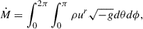 Mathematical equation: $$ \begin{aligned} \dot{M}=\int ^{2\pi }_0\int ^{\pi }_0\rho u^r\sqrt{-g}d\theta d\phi , \end{aligned} $$