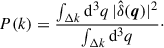 $$ \begin{aligned} P(k) = \frac{ \int _{\Delta k}{\mathrm{d} }^3{q}\,|\hat{\delta }(\boldsymbol{q})|^2}{ \int _{\Delta k}{\mathrm{d} }^3{q}}\cdot \end{aligned} $$