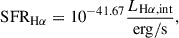 Mathematical equation: $$ \begin{aligned} \mathrm{SFR}_{\mathrm{H}\alpha } = 10^{-41.67}\frac{L_{\mathrm{H}\alpha ,\mathrm{int}}}{\mathrm{erg/s}}, \end{aligned} $$