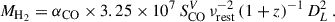 $$ \begin{aligned} M_{\mathrm{H}_2} = \alpha _{\rm CO} \times 3.25\times 10^7\, S^V_{\rm CO}\, \nu _{\rm rest}^{-2}\, (1+z)^{-1}\, D_L^2 \,. \end{aligned} $$