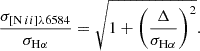 $$ \begin{aligned} \frac{\sigma _{[\mathrm{N}\,ii ]\lambda 6584}}{\sigma _{\mathrm{H}\alpha }} = \sqrt{1 + \left( \frac{\Delta }{\sigma _{\mathrm{H}\alpha }} \right) ^2}. \end{aligned} $$