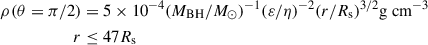 $$ \begin{aligned} \rho (\theta =\pi /2)&= 5\times 10^{-4}(M_{\rm BH}/M_\odot )^{-1} (\varepsilon /\eta )^{-2}(r/R_{\rm s})^{3/2} \mathrm{g \ cm^{-3}}\nonumber \\ \qquad \qquad r&\le 47R_{\rm s}\end{aligned} $$