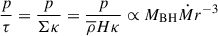 $$ \begin{aligned} \frac{p}{\tau } = \frac{p}{\Sigma \kappa } = \frac{p}{\overline{\rho } H \kappa } \propto M_{\rm BH}\dot{M} r^{-3} \end{aligned} $$
