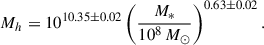 $$ \begin{aligned} M_h = 10^{10.35 \pm 0.02} \left(\frac{M_*}{10^8\, M_{\odot }}\right)^{0.63 \pm 0.02}. \end{aligned} $$