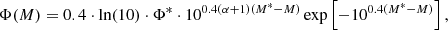 $$ \begin{aligned} \Phi (M) = 0.4 \cdot \ln (10) \cdot \Phi ^{*} \cdot 10^{0.4(\alpha + 1)(M^{*} - M)} \exp \left[-10^{0.4(M^{*}-M)}\right] ,\end{aligned} $$