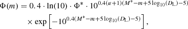 $$ \begin{aligned} \Phi (m)&= 0.4 \cdot \ln (10) \cdot \Phi ^{*} \cdot 10^{0.4(\alpha + 1)(M^{*} - m + 5\log _{10}(D_{\mathrm{L} }) - 5)} \nonumber \\&\quad \times \exp \left[-10^{0.4(M^{*} - m + 5\log _{10}(D_{\mathrm{L} }) - 5)}\right] ,\end{aligned} $$