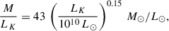 $$ \begin{aligned} \frac{M}{L_K} = 43\,\left(\frac{L_K}{10^{10}\,L_\odot }\right)^{0.15}\,M_\odot /L_\odot , \end{aligned} $$