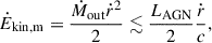 Mathematical equation: $$ \begin{aligned} \dot{E}_{\rm {kin,m}} = \frac{\dot{M}_{\rm {out}}\dot{r}^2}{2} \lesssim \frac{L_{\rm {AGN}}}{2} \frac{\dot{r}}{c}, \end{aligned} $$