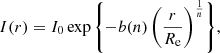 Mathematical equation: $$ \begin{aligned} I(r) = I_0 \exp {\left\{ -b(n) \left(\frac{r}{R_{\rm e}} \right)^{\frac{1}{n}} \right\} }, \end{aligned} $$