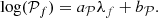 Mathematical equation: $$ \begin{aligned} \log (\mathcal{P} _f) = a_{\mathcal{P} } \lambda _f + b_{\mathcal{P} }. \end{aligned} $$