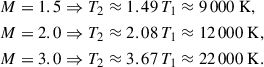 $$ \begin{aligned} M = 1.5&\Rightarrow T_2 \approx 1.49\, T_1 \approx 9\,000\ \mathrm{K} , \\ M = 2.0&\Rightarrow T_2 \approx 2.08\, T_1 \approx 12\,000\ \mathrm{K} , \\ M = 3.0&\Rightarrow T_2 \approx 3.67\, T_1 \approx 22\,000\ \mathrm{K} . \end{aligned} $$