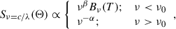 $$ \begin{aligned} S_{\nu = c/\lambda }(\Theta ) \propto {\left\{ \begin{array}{ll} \nu ^\beta B_\nu (T);&\nu < \nu _0 \\ \nu ^{-\alpha };&\nu > \nu _0 \\ \end{array}\right.}, \end{aligned} $$