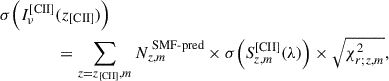 $$ \begin{aligned} \nonumber \sigma \Big (I^{\mathrm{[CII]}}_\nu&(z_{\rm [CII]})\Big ) \\&=\sum _{z = z_{\rm [CII]}, m} N_{z, m}^{\text{ SMF-pred}} \times \sigma \Big (S^{\mathrm{[CII]}}_{z, m}(\lambda )\Big ) \times \sqrt{\chi ^2_{r; z, m}}, \end{aligned} $$