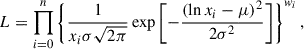 $$ \begin{aligned} L=\prod _{i = 0}^n \left\{ \frac{1}{x_i \sigma \sqrt{2\pi }} \exp \left[-\frac{(\ln x_i-\mu )^2}{2\sigma ^2}\right]\right\} ^{w_i}, \end{aligned} $$