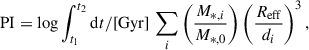 Mathematical equation: $$ \begin{aligned} \mathrm{PI} = \log \int _{t_{1}}^{t_{2}}\mathrm{d}t / [\mathrm{Gyr}] \,\sum _{i} \left(\frac{M_{*,i}}{M_{*,0}}\right)\left(\frac{R_{\rm eff}}{d_{i}}\right)^3, \end{aligned} $$