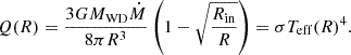 $$ \begin{aligned} Q (R) = \frac{3 G M_{\rm WD} \dot{M}}{8 \pi R^3}\left(1 - \sqrt{\frac{R_{\rm in}}{R}}\right) = \sigma T_{\rm eff} (R)^{4}. \end{aligned} $$