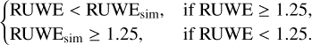 Mathematical equation: $\begin{cases}\operatorname{RUWE}<\operatorname{RUWE}_{\text {sim }}, & \text { if RUWE } \geq 1.25,\\ \operatorname{RUWE}_{\text {sim }} \geq 1.25, & \text { if RUWE }<1.25.\end{cases}$