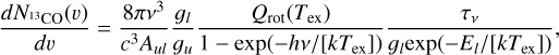 Mathematical equation: ${{d{N^{^{13}{\rm{CO}}}}(v)} \over {dv}} = {{8\pi {v^3}} \over {{c^3}{A_{ul}}}}{{{g_l}} \over {{g_u}}}{{{Q_{{\rm{rot}}}}\left( {{T_{{\rm{ex}}}}} \right)} \over {1 - \exp \left( { - hv/\left[ {k{T_{ex}}} \right]} \right)}}{{{\tau _v}} \over {{g_l}\exp \left( { - {E_l}/\left[ {k{T_{ex}}} \right]} \right)}},$