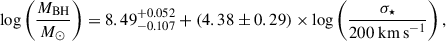 $$ \begin{aligned} {\log }\left( \frac{M_{\rm {BH}}}{M_{\odot }}\right) = 8.49^{+0.052}_{-0.107}+(4.38\pm 0.29)\times {\log }\left(\frac{\sigma _{\star }}{200\ \mathrm{{km\,s}^{-1}}}\right) ,\end{aligned} $$