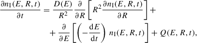 $$ \begin{aligned} \dfrac{\partial n_{\rm I}(E,R,t)}{\partial t}&=\dfrac{D(E)}{R^2}\dfrac{\partial }{\partial R}\left[R^2 \dfrac{\partial n_{\rm I}(E,R,t)}{\partial R}\right]+\nonumber \\&\quad +\dfrac{\partial }{\partial E}\left[\left(-\dfrac{\mathrm{d}E}{\mathrm{d}t}\right)\,n_{\rm I}(E,R,t)\right]+Q(E,R,t), \end{aligned} $$