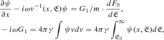 Mathematical equation: $$ \begin{aligned}&\frac{\partial \psi }{\partial x}-i\omega v^{-1}(x,{\mathfrak{E} })\psi =G_1/m \cdot \frac{dF_0}{d{\mathfrak{E} }}, \nonumber \\&-i\omega G_1 = 4\pi \gamma \int \psi v dv= 4\pi \gamma \int _{{\mathfrak{E} }_0}^\infty \psi (x,{\mathfrak{E} })d{\mathfrak{E} }, \end{aligned} $$
