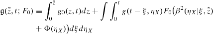 Mathematical equation: $$ \begin{aligned} \mathfrak{g} (\tilde{z},t;F_0)&\equiv \int _0^{\tilde{z}} g_0 (z,t)dz + \int \int ^t_0 g (t-\xi ,\eta _X) F_0 \big ( \beta ^2 (\eta _X | \xi ,\tilde{z})\nonumber \\&+ \Phi (\eta _X) \big )d\xi d\eta _X \end{aligned} $$