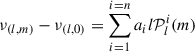 Mathematical equation: $$ \begin{aligned} \nu _{(l,m)}-\nu _{(l,0)}=\sum _{i = 1}^{i=n}a_{i} l \mathcal{{P}}_{l}^{i}(m) \end{aligned} $$