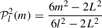 Mathematical equation: $$ \begin{aligned} \mathcal{{P}}_{l}^{2}(m) = \frac{6 m^{2}-2L^2}{6 l^{2}-2L^2} \end{aligned} $$