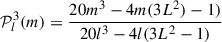 Mathematical equation: $$ \begin{aligned} \mathcal{{P}}_{l}^{3}(m) = \frac{20 m^{3}-4m(3L^2)-1)}{20 l^{3}-4l(3L^2-1)} \end{aligned} $$