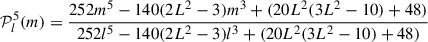 Mathematical equation: $$ \begin{aligned} \mathcal{{P}}_{l}^{5}(m) = \frac{252m^5-140(2L^2-3)m^3+(20L^2(3L^2-10)+48)}{252l^5-140(2L^2-3)l^3+(20L^2(3L^2-10)+48)} \end{aligned} $$