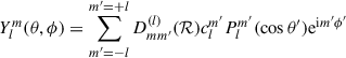 Mathematical equation: $$ \begin{aligned} Y_l^m(\theta ,\phi ) = \sum _{m^{\prime }=-l}^{m^{\prime }=+l} D^{(l)}_{mm^{\prime }}(\mathcal{R}) c_l^{m^{\prime }} P_l^{m^{\prime }} (\cos \theta ^{\prime }) \mathrm{e}^{\mathrm{i} m^{\prime } \phi ^{\prime }} \end{aligned} $$