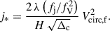 Mathematical equation: $$ \begin{aligned} j_*&= \frac{2\, \lambda \left( f_{\rm j} / f_{\rm V}^2 \right)}{H\, \sqrt{\Delta _{\rm c}}} \, V_{\rm circ,f}^2. \end{aligned} $$