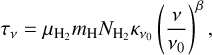 Mathematical equation: \tau_\nu = \mu_{\mathrm{H}_2}m_\mathrm{H} N_{\mathrm{H}_2}\kappa_{\nu_0}\left(\frac{\nu}{\nu_0}\right)^\beta,