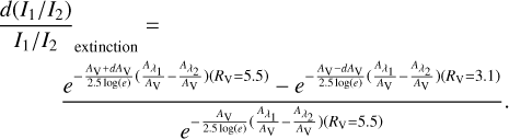 $\[\begin{aligned}{\frac{d\left(I_1 / I_2\right)}{I_1 / I_2}}_{\text {extinction }}=\qquad\qquad\qquad\qquad\qquad\qquad\qquad\qquad\qquad\quad \\\frac{e^{-\frac{A_{\mathrm{V}}+d A_{\mathrm{V}}}{2.5 ~\log (e)}\left(\frac{A_{\lambda_1}}{A_{\mathrm{V}}}-\frac{A_{\lambda_2}}{A_{\mathrm{V}}}\right)\left(R_{\mathrm{V}}=5.5\right)}-e^{-\frac{A_{\mathrm{V}}-d A_{\mathrm{V}}}{2.5 ~\log (e)}\left(\frac{A_{\lambda_1}}{A_{\mathrm{V}}}-\frac{A_{\lambda_2}}{A_{\mathrm{V}}}\right)\left(R_{\mathrm{V}}=3.1\right)}}{e^{-\frac{A_{\mathrm{V}}}{2.5 ~\log (e)}\left(\frac{A_{\lambda_1}}{A_{\mathrm{V}}}-\frac{A_{\lambda_2}}{A_{\mathrm{V}}}\right)\left(R_{\mathrm{V}}=5.5\right)}}.\end{aligned}\]$