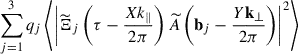 $ \sum_{j = 1}^{3} q_j \left\langle \left|{\widetilde{\Xi}}_j\left(\tau - \frac{X k_\parallel}{2\pi}\right)\widetilde{A}\left({\mathbf{b}}_{j} - \frac{Y {\mathbf{k}}_\perp}{2\pi}\right)\right|^2\right\rangle $