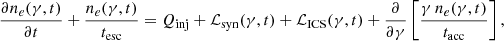 Mathematical equation: $$ \begin{aligned} \frac{\partial n_{e}(\gamma ,t)}{\partial t} + \frac{n_{e}(\gamma ,t)}{t_{\rm esc}} = Q_{\rm inj} + \mathcal{L} _{\rm syn}(\gamma ,t) + \mathcal{L} _{\rm ICS}(\gamma ,t) + \frac{\partial }{\partial \gamma } \left[\frac{\gamma \, n_e(\gamma ,t)}{t_{\rm acc}}\right], \end{aligned} $$