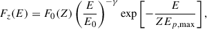 Mathematical equation: $$ \begin{aligned} F_{z}(E) = F_{0}(Z)\left(\dfrac{E}{E_0}\right)^{-\gamma } \exp \left[ -\dfrac{E}{Z E_{p,\mathrm{max}} }\right], \end{aligned} $$