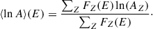 Mathematical equation: $$ \begin{aligned} \langle \ln {A}\rangle (E) = \frac{\sum _{Z} F_{Z}(E) \ln (A_Z)}{\sum _{Z} F_{Z}(E)}\cdot \end{aligned} $$