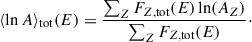 Mathematical equation: $$ \begin{aligned} \langle \ln {A}\rangle _{\rm tot} (E) = \frac{\sum _{Z} F_{Z, \mathrm{tot}}(E) \ln (A_Z)}{\sum _{Z} F_{Z, \mathrm{tot}}(E)}\cdot \end{aligned} $$