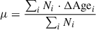 $$ \begin{aligned} \mu&= \frac{\sum _i N_i\cdot \Delta \mathrm{Age} _i}{\sum _i N_i}\end{aligned} $$