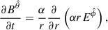 $$ \begin{aligned} \frac{\partial B^{\hat{\theta }}}{\partial t}&=\frac{\alpha }{r}\frac{\partial }{\partial r}\left(\alpha r E^{\hat{\phi }}\right) ,\end{aligned} $$