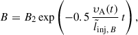 Mathematical equation: $$ \begin{aligned} B = B_2 \exp \left(- 0.5 \,\frac{\upsilon _{\rm A}(t)}{\tilde{l}_{\mathrm{inj} ,\,B}} \, t\right), \end{aligned} $$