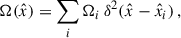 Mathematical equation: $$ \begin{aligned} \Omega (\hat{x}) = \sum _{i} \Omega _i \,\delta ^2(\hat{x} - \hat{x}_i)\, , \end{aligned} $$