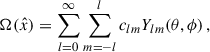 Mathematical equation: $$ \begin{aligned} \Omega (\hat{x}) = \sum _{l = 0}^\infty \sum _{m=-l}^{l}c_{lm}Y_{lm}(\theta ,\phi ) \,, \end{aligned} $$