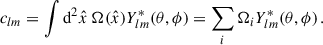 Mathematical equation: $$ \begin{aligned} \begin{aligned} c_{lm}&= \int \mathrm{d}^2 \hat{x} \, \Omega (\hat{x}) Y^*_{lm}(\theta ,\phi ) = \sum _{i} \Omega _i Y^{*}_{lm}(\theta ,\phi ) \,. \end{aligned} \end{aligned} $$