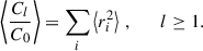 Mathematical equation: $$ \begin{aligned} \begin{aligned} \bigg \langle \frac{C_{l}}{C_0} \bigg \rangle&= \sum _i \left\langle r_i^2\right\rangle \,, \qquad l \ge 1. \end{aligned} \end{aligned} $$
