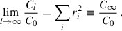 Mathematical equation: $$ \begin{aligned} \lim _{l\rightarrow \infty } \frac{C_{l}}{C_0} = \sum _{i} r_i^2 \equiv \frac{C_{\infty }}{C_0} \,. \end{aligned} $$