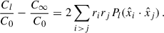 Mathematical equation: $$ \begin{aligned} \frac{C_{l}}{C_0} - \frac{C_{\infty }}{C_0} = 2\sum _{i>j} r_i r_j P_{l}(\hat{x}_i\cdot \hat{x}_j) \,. \end{aligned} $$