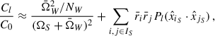 Mathematical equation: $$ \begin{aligned} \begin{aligned} \frac{C_{l}}{C_0}&\approx \frac{\bar{\Omega }_W^2/N_W}{(\Omega _S + \bar{\Omega }_W)^2 } + \sum _{i,j \in I_S} \bar{r}_{i} \bar{r}_{j} P_{l}(\hat{x}_{i_S}\cdot \hat{x}_{j_S}) \,, \end{aligned} \end{aligned} $$